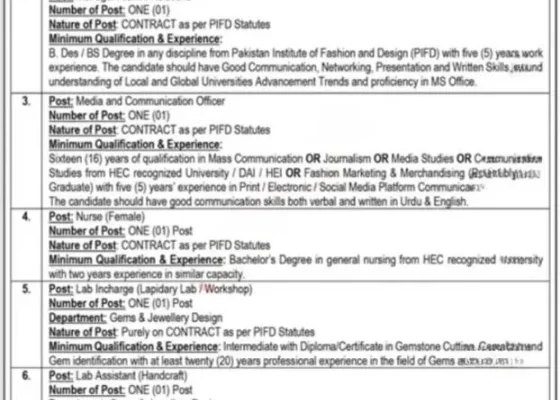 Pakistan Institute of Fashion and Design PIFD Jobs 2024