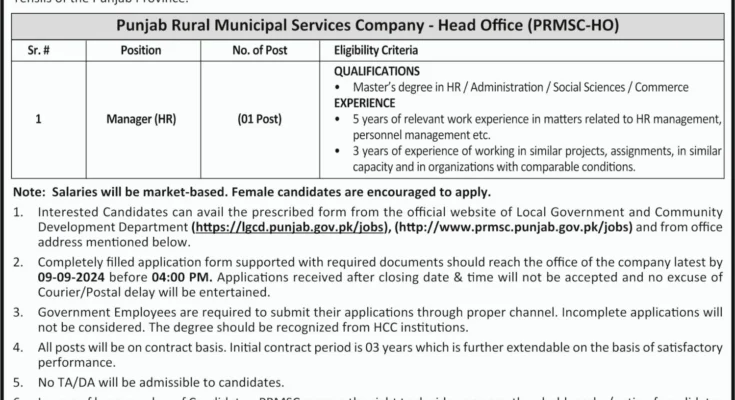 PRMSC Jobs 2024 Punjab Rural Municipal Services Company